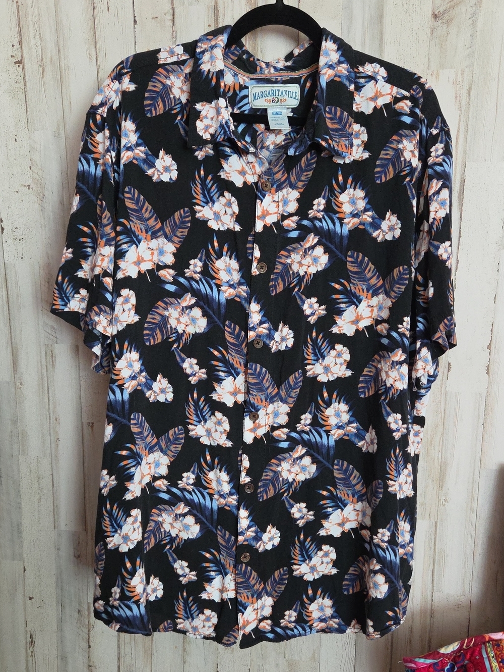 Margaritaville Black Floral Short-Sleeve Button-Down with Blue and Cream Accents